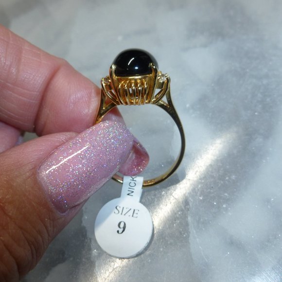 18k Yellow Gold EP Onyx Cubic Zirconia Dolphin Ore Ring - Picture 2 of 13